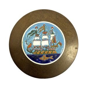 Vtg Greek Sailing Ship Decorative 6 Inch Wall Decor Coaster Smaltotechniki